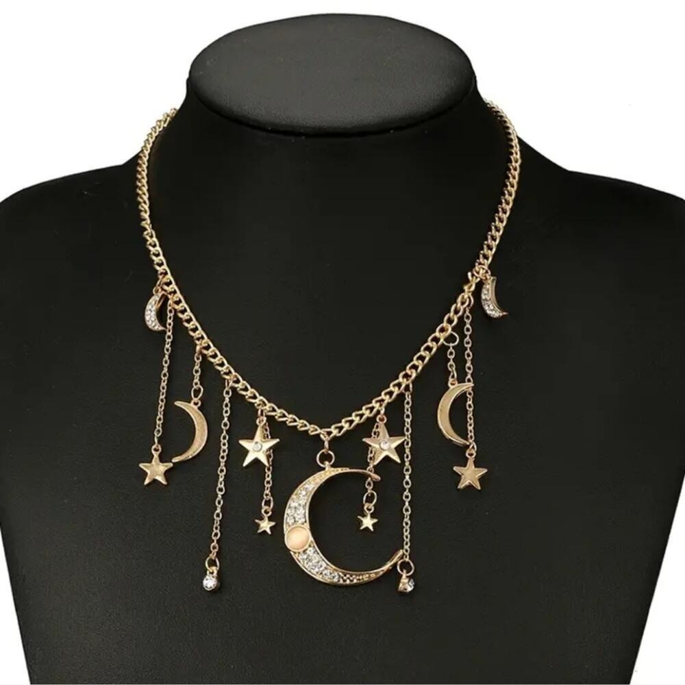 Crescent moon and stars boho necklace